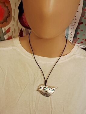 Fossil Silver Bird Pendant Necklace with Teal Accents on Black Cord